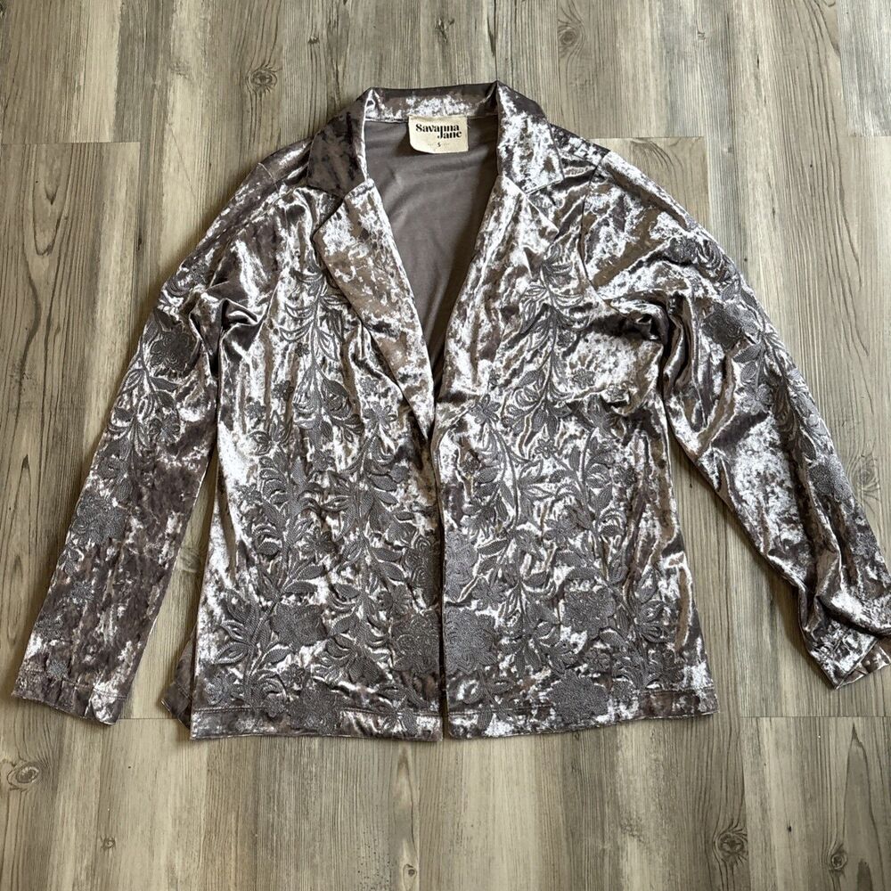 Savanna Jane Silver Embroidered Crushed Velvet Jacket Blazer Size Small